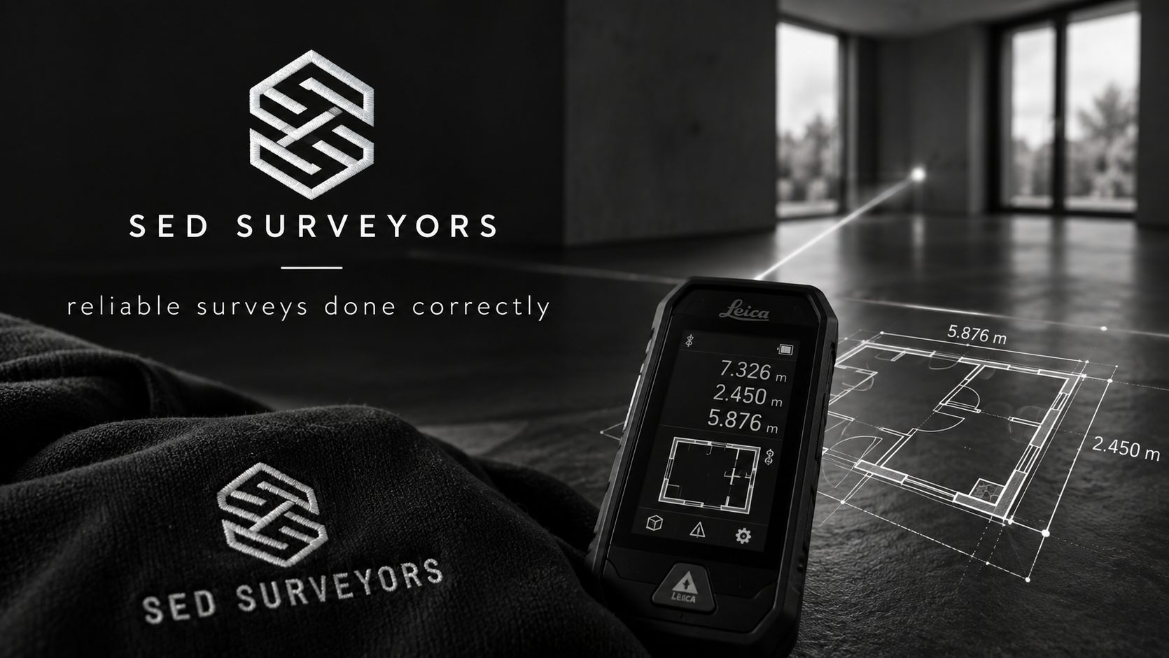 Sed Surveyors — laser measuring device and floor plan overlay in a modern interior